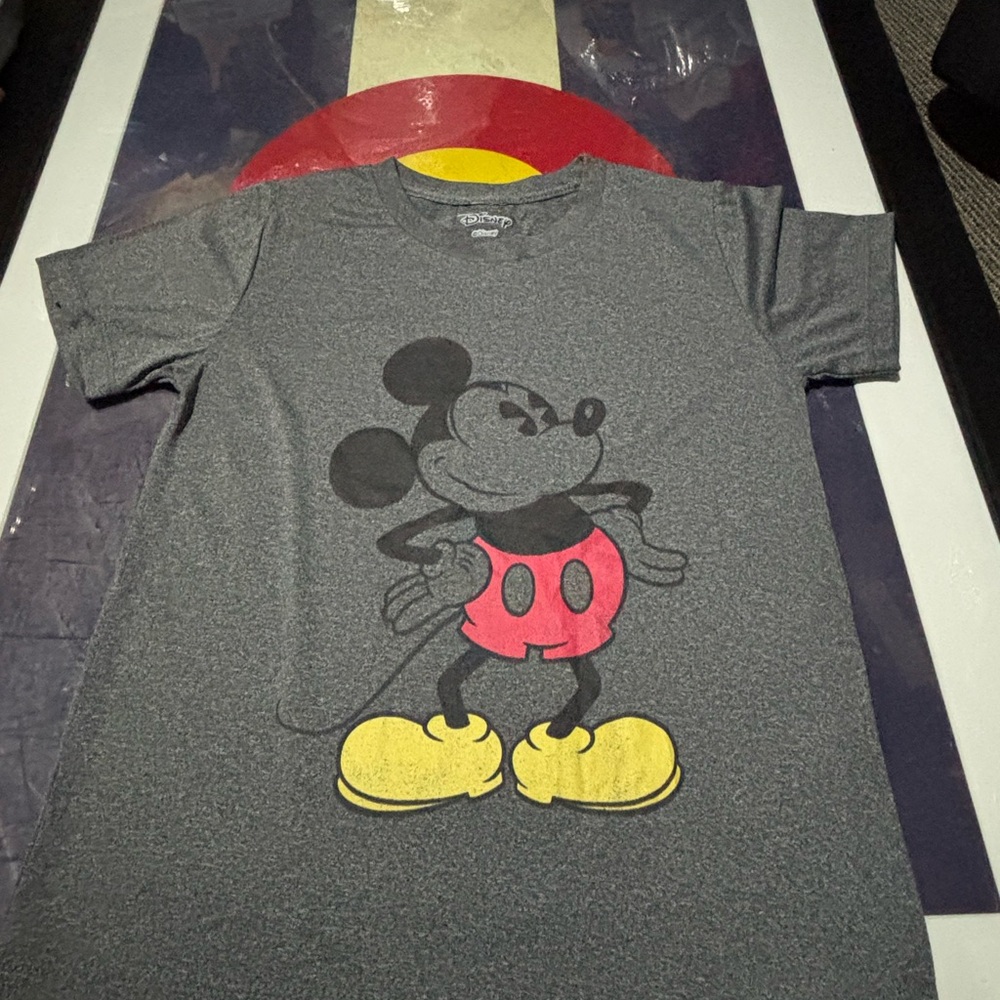 Disney Gray Mickey Mouse Graphic Tee with Red and Yellow Accents